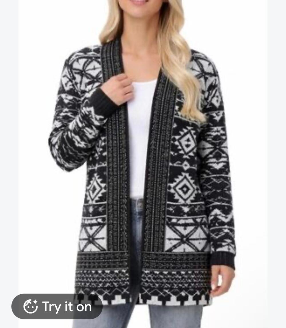 Frye NEW Women's Black White Aztec Southwestern Open Cardigan Sz L Cozy Tribal